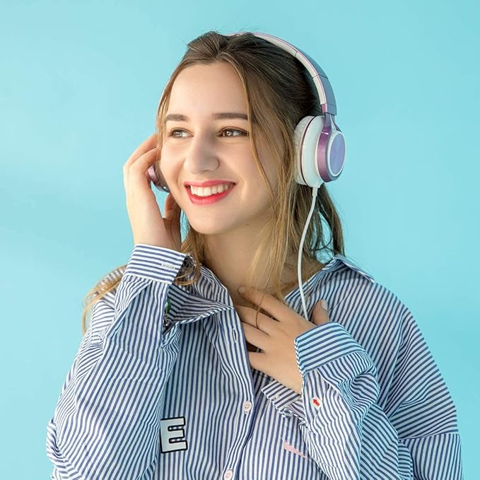 AILIHEN MS300 Purple Girl Headphones Wired with Microphone for Chromebook Laptop Computer, 3.5mm Foldable Lightweight on-Ear Headphones for School Teen Students
