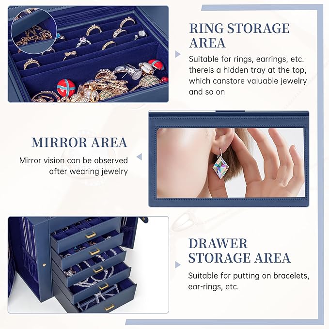 AKOZLIN Extra Large 6-Tier Jewelry Box Organizer Functional Huge, 5 Drawers Leather Jewelry Storage Case for Women Girls Ring Necklace Earring Bracelet Holder Organizer with Mirror Blue