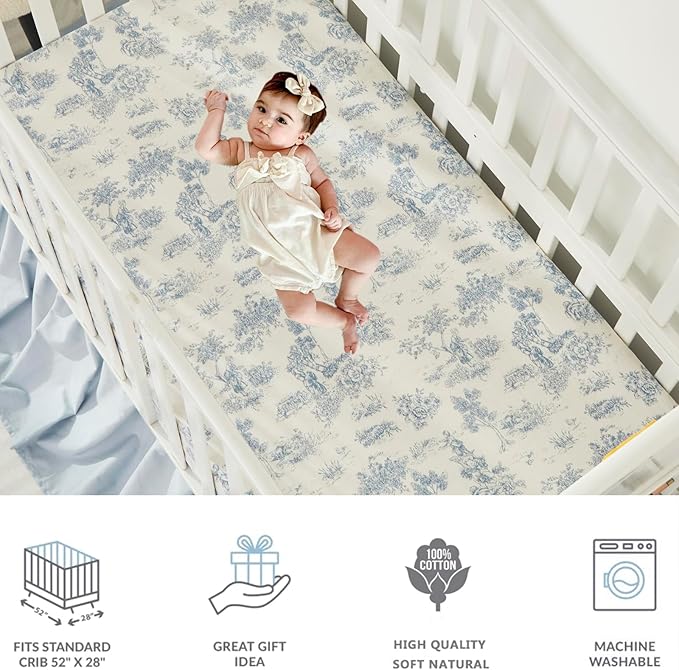 Brandream 3 Pieces French Country Toile Crib Bedding Set for Girls Vintage Blue Toile Floral Print 100% Cotton Baby Girl Nursery Bedding Collection - Ruffles Quilt,Toile Crib Sheet,Crib Bed Skirt