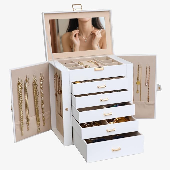 BOOVO Jewelry Box For women, 6 Layer Large Jewelry Organizer With Mirror, Multi-Function Storage Box With Lock, Necklace Holder With 5 Drawers, For Earrings Necklace Bracelet (White and Gold)