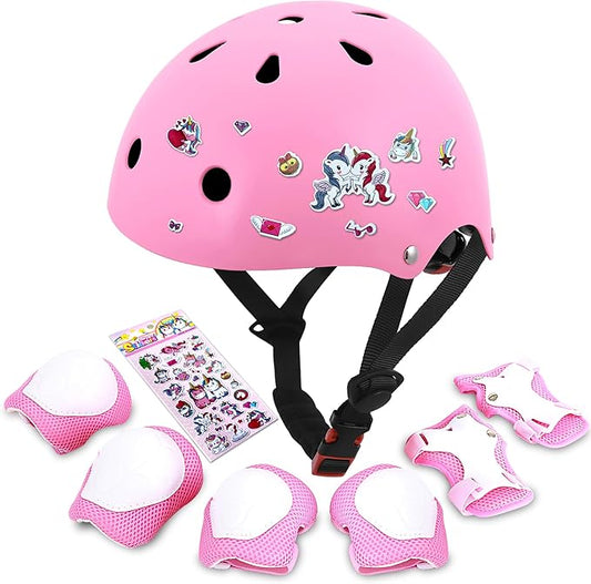 Kids Bike Helmet with DIY Stickers and Knee Pads Elbow Pads Wrist Guard Set for Ages 3-8-14 Toddler Boys Girls Helmet for Roller Skates Cycling Skateboarding Bicycle Scooter