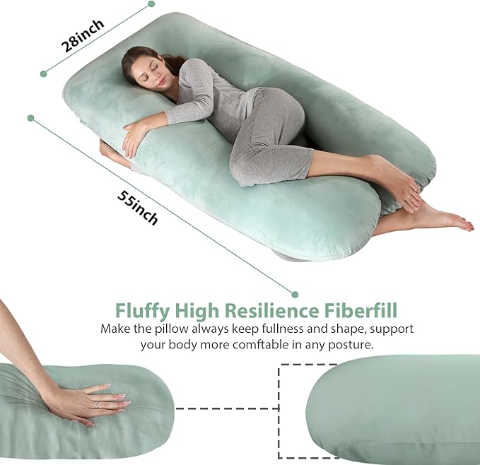 Amagoing 55 inches Pregnancy Pillows for Sleeping, U Shaped Maternity Full Body Pillow for Pregnant Women with Hip, Leg, Back, Belly Support, Washable Velvet Cover Included (Mint Green)