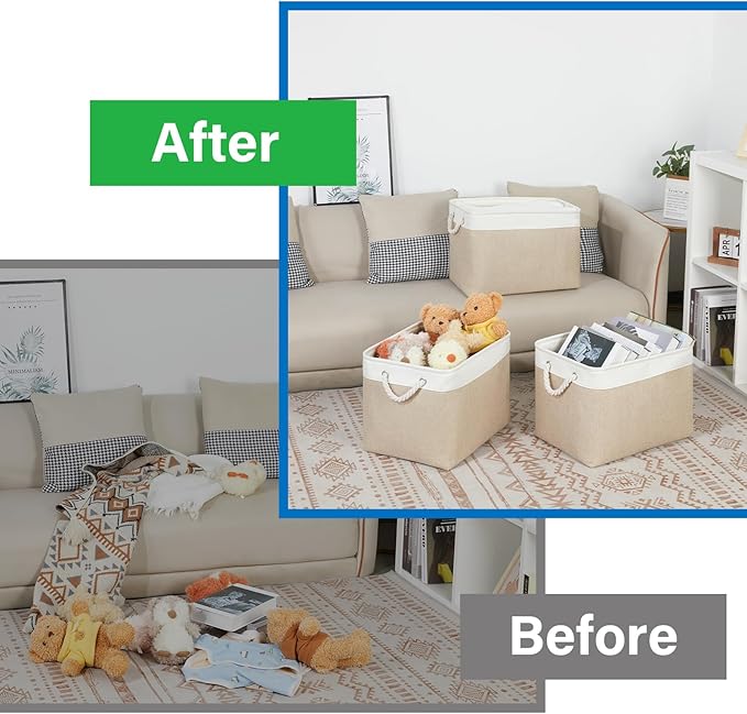 Bidtakay Large Storage Baskets for Organizing Fabric Closet Organizers Storage Bins with Handles 3-Pack 16x11.8x11.8 Inch Collapsible Baskets for Shelves Clothes Home Organization L-White&Beige