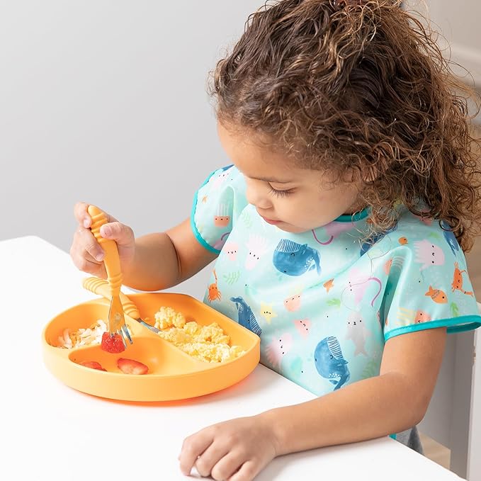 Bumkins Toddler Utensils, Kids Size Fork and Spoon Set, Silicone and Stainless-Steel Training Silverware, Angled Forks / Sporks for Self-Feeding, Children Learning to Eat, 18 Mos Up, Tangerine Orange