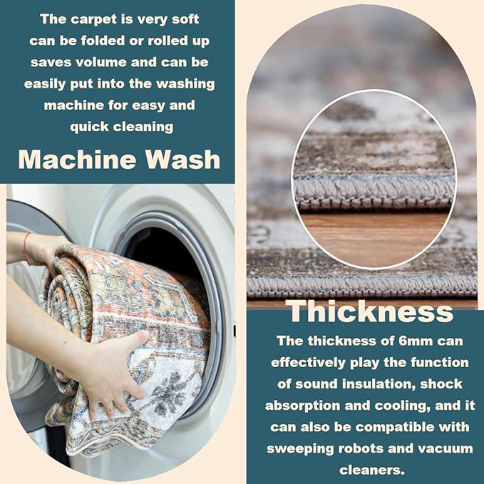 Area Rug 10'x14' Washable Vintage Traditional Mat Distressed Indoor Foldable Thin Retro Accent Floral Print Non Slip Carpet for Living Room Dining Room Office