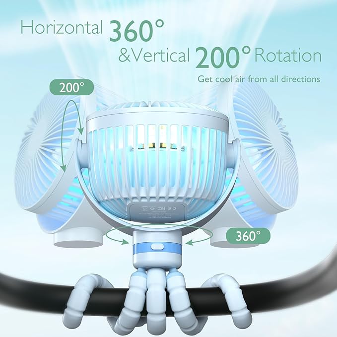 Momcozy Portable Stroller Fan, 8000mAh, 27H Ultra-long Battery Life, Detachable 4 Speed 360°Rotate, LED Night Light with 2 Modes, USB Rechargeable Handheld Cooling Fan for Travel, Car Seat, Bedroom