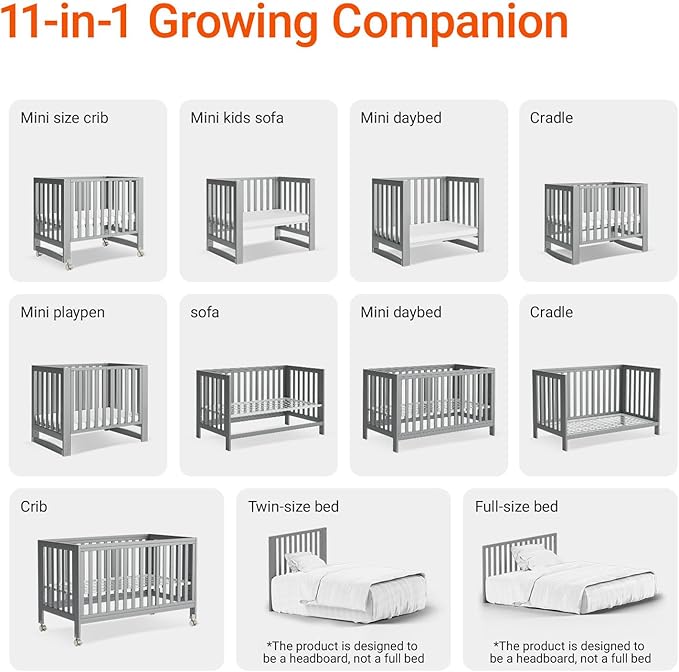 EvoNest Baby Crib, 11 in 1 Convertible Mini Crib with Wheels, 100% New Zealand Wood Growing Bed, 4 Adjustable Mattress Height,Grey
