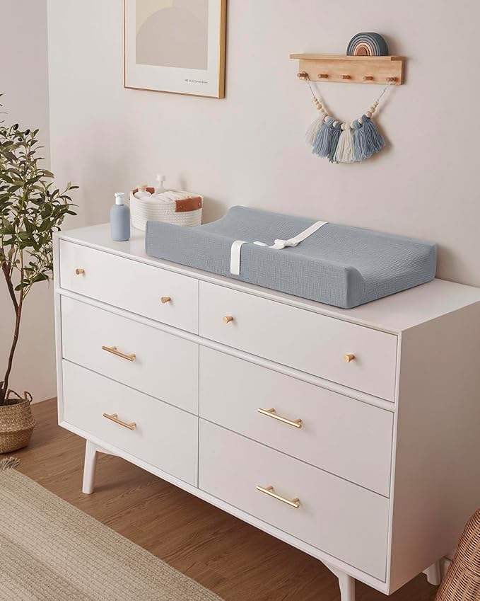 Blissful Diary Muslin Baby Changing Pad with Waterproof Lining Foam, Diaper Changing Table Pad with Cover for Dressers (Gray, Rectangular)