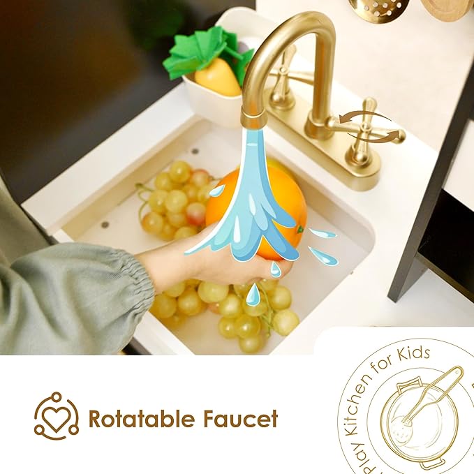 Interactive Wooden Play Kitchen for Kids 3+ Realistic Stove Sounds & Ice Maker Pretend Playset with 12 Kitchen Accessories Montessori Toy