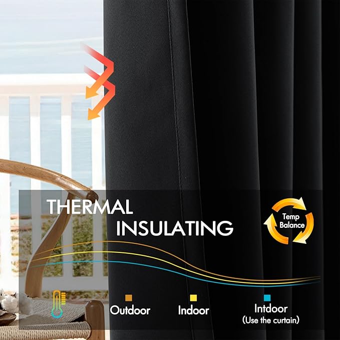 ANRODUO Back Tab Blackout Curtains for Bedroom Living Room, Rod Pocket Pinch Pleated Thermal Insulated Room Darkening Curtains 54 Inches Long 2 Panels, Black, 42 x 54 Inch