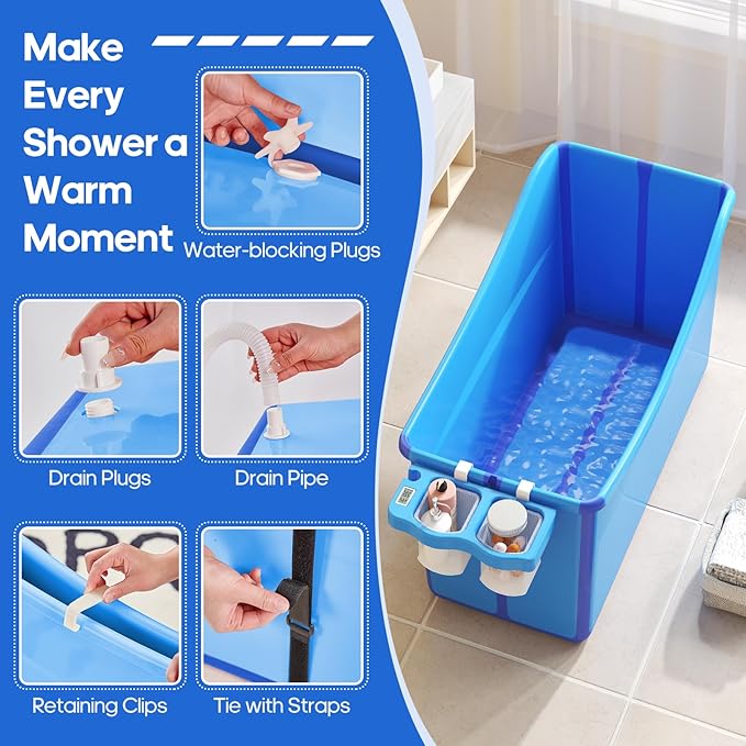 Collapsible Baby Bathtub Foldable Bathtub for Toddler Portable Large Foldable Bath Tub Bathtub for Kids Petite with Thermometer and Storage Basket (Blue)