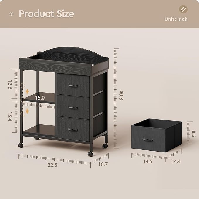 Changing Table Dresser, Baby Dresser with 3 Fabric Drawers and 2 Shelves, Multi-Functional Baby Changing Table with Pad, Classic Nursery Dresser, Diaper Changing Station for Nursery, Black
