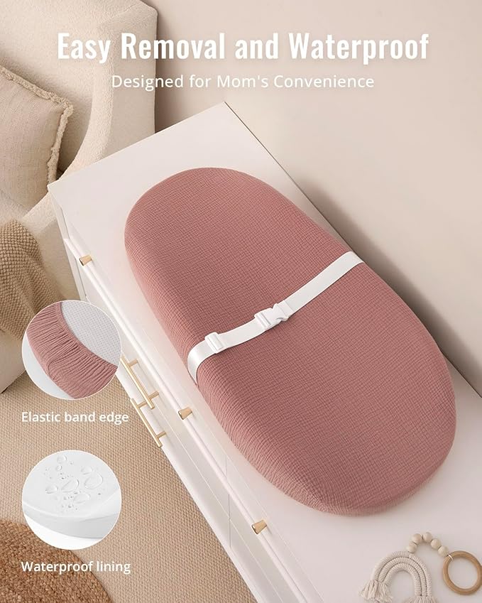 Blissful Diary Muslin Baby Changing Pad with Waterproof Lining Foam, Diaper Changing Table Pad with Cover for Dressers (Dusty Pink, Avocado)