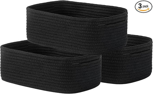 KALLAX Small Woven Basket, 12 x 8 x 4.5 Inches, Storage Basket for Organizing, Cute Small Rope Shelf Closet Cube Storage Bins Baskets for Shelves, Dog Toy Gift Baskets Empty, 3 Packs, Black