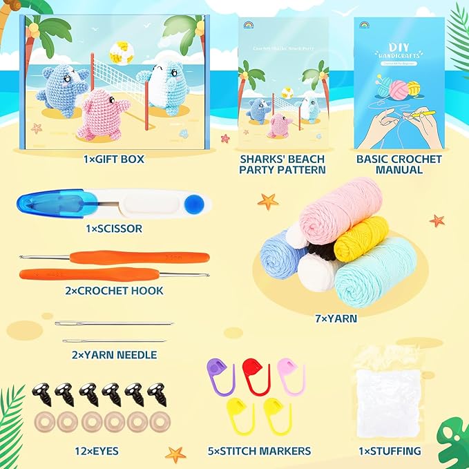 Crochet Kit for Beginners -3 PCS Sharks with a Ball Crochet Kit with Step-by-Step Video Tutorials, Beginner Crochet Kits for Adults Kids, Crochet Animal Kit, Shark Beach Party Crocheting Set