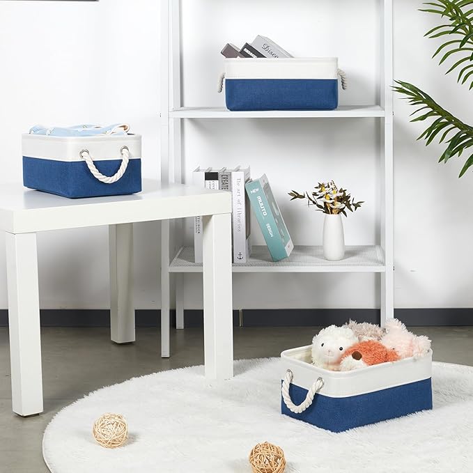 Bidtakay Small Storage Baskets for Shelves 3 Pack Fabric Storage Bins for Organizing Linen Collapsible Organizer for Closet-White&Blue