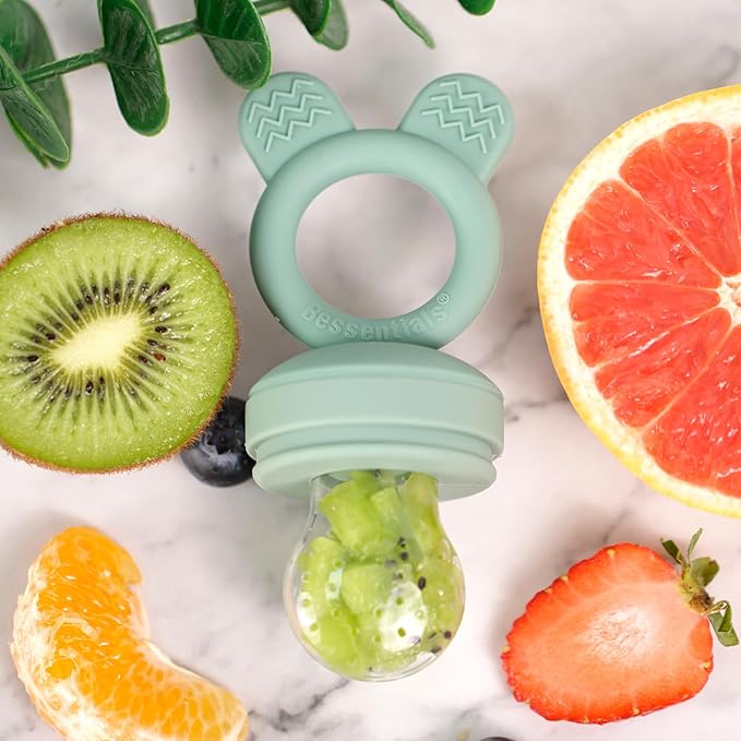 Bessentials Baby Fresh Fruit Food Feeder - 2 Pack Silicone Mesh Feeders for Infant Safe Self Feeding |3 Sizes Food Pouches Included| Suitable for Baby 4m+ (Light Pink & Grass Green)
