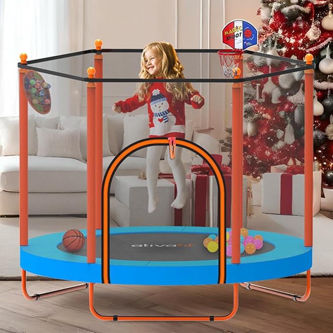 Ativafit 60'' Rebounder Trampoline Indoor Outdoor for Kids Ages 1-8, 5 FT Recreational Toddler Trampoline with Safety Enclosure Net Gifts with Basketball Hoop Dartboard Ocean Bal