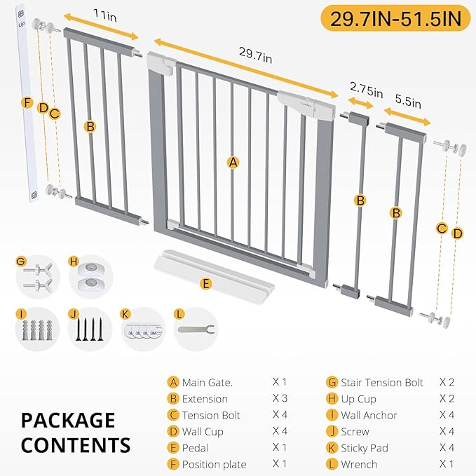 Cumbor 29.7"-51.5" Extra Wide Baby Gate for Stairs, Mom's Choice Awards Winner-Dog Gates for Doorways, Pressure Mounted Walk Through Pet Gate Indoor, Safety Auto-Close Child Gate for Kids, Gray