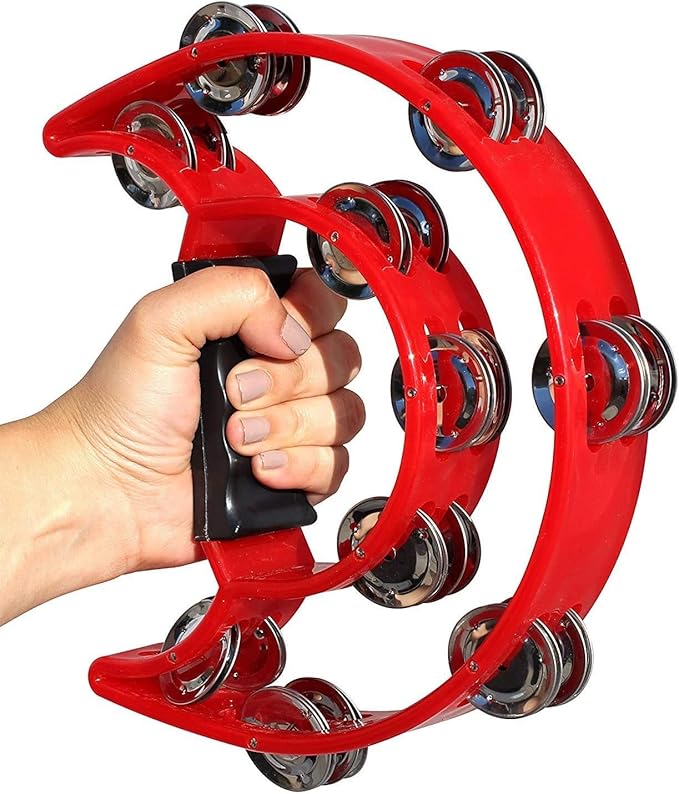 EastRock Double Row Tambourine,Metal Jingles Hand Held Percussion-Half Moon Tambourine for Kids, Adults, KTV, Party (Red)