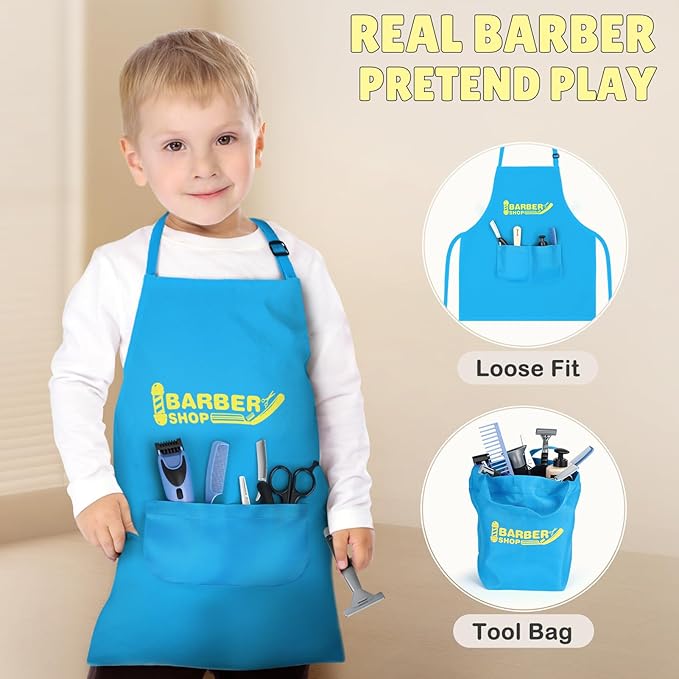 Barber Shop Pretend Play Toy, Kids Hair Salon Toys, Kids Shaving Kit for Boys Ages 3+ with Blow Dryer, Electric Shaver Toys, Tool Bag and Stylist Shave Barber Accessories for Role Play (Black)