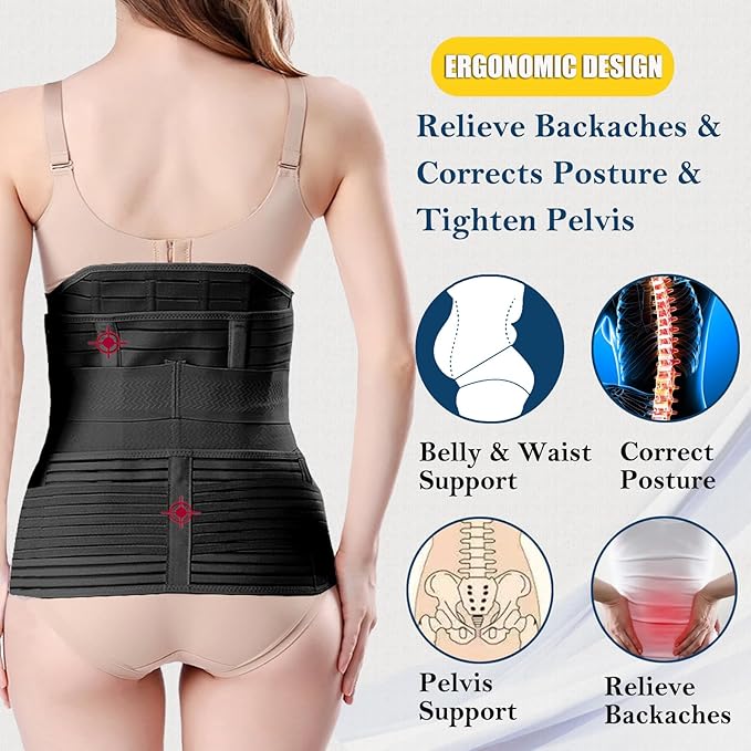 ChongErfei 3 in 1 Postpartum Belly Wrap - Recovery Belly/Waist/Pelvis Belt Black Postpartum Belly Band, Black XL