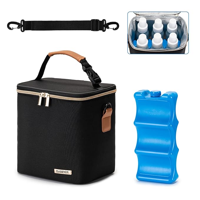 Breastmilk Cooler Bag with Ice Pack Fits 6 Baby Bottles Up to 9 Ounce, Baby Bottle Bag with Shoulder Strap for Nursing Mom Daycare, Black