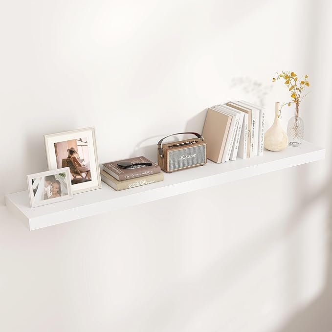 Floating Shelves for Wall, Large Wall Mounted Shelves with Invisible Brackets, Long Wood Floating Shelf for Living Room, Bedroom, Kitchen, (White, 55" W x 9" D x 1.5" H)