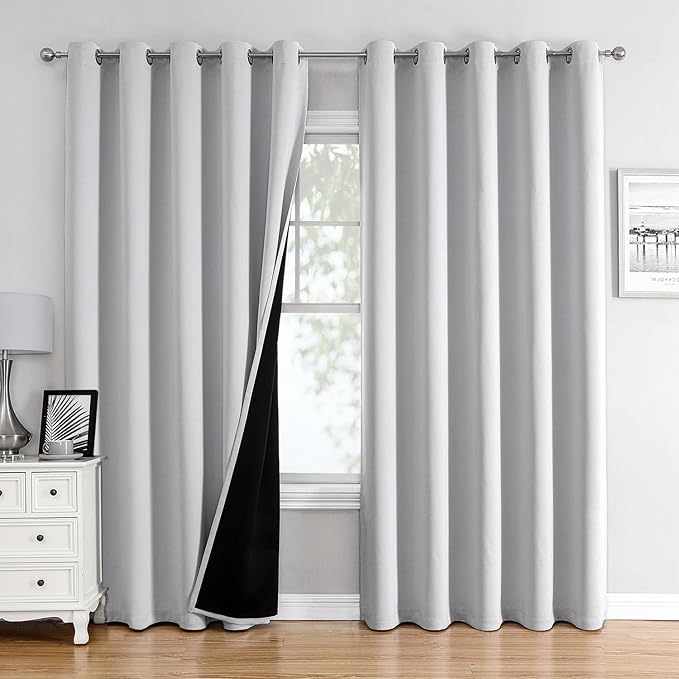 ChrisDowa 100% Blackout Curtains 84 inch Long for Bedroom with Black Liner, Extra Wide 2 Layers Total Blackout Thermal Insulated Grommet Window Curtains 2 Panels Set (Greyish White, 60 x 84 Inch)