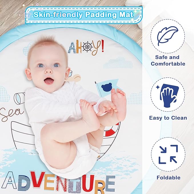 Baby Play Mat, 4-in-1 Baby Play Gym Tummy Time Mat with Ball Pit and 5 Detachable Toys for Newborn to Develop Sensory Exploration and Motor Skill 0-6-12 Months