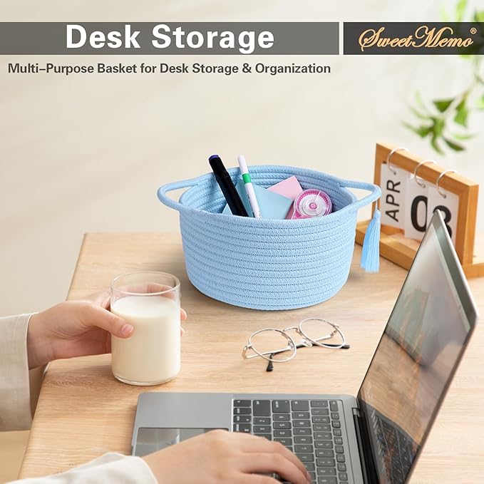 Empty Gift Basket – SweetMemo Mini Woven Rope Organizer Baskets for Gifting, Baby Shower, Desk, Makeup Brushes, Bathroom, Shelves – Small Decorative Storage Bin with Gift Bag & Ribbon – Soft Blue