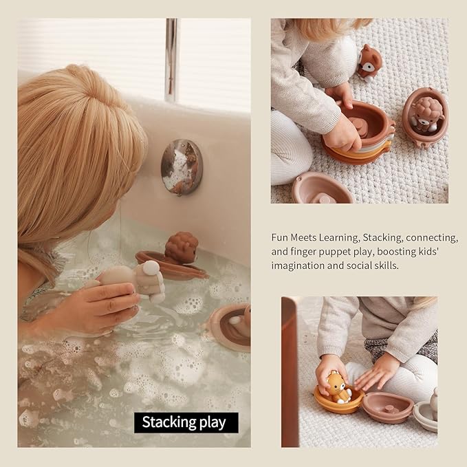Nueplay Bathtub Toys for Toddlers 18M+，Baby Bath Toys with Animal Finger Puppets， Stackable Boat Train ，Gift for Baby & Toddlers Set of 12