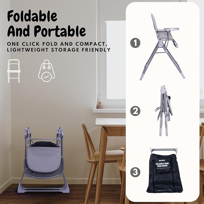 Foldable Baby High Chair with Easy Clean Double-Layer Tray, Adjustable Foot Rest, Safety First 5 Point Harness, Compact Space Saver Baby Feeding Chair Portable for Travel
