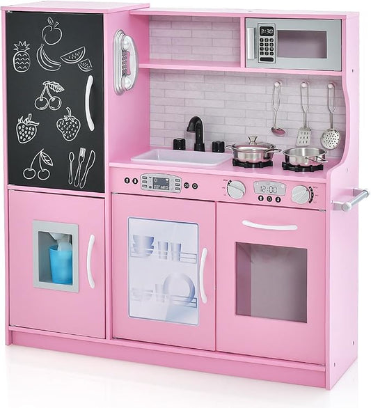 HONEY JOY Pink Kids Kitchen Playset, Wooden Little Chef Pretend Toy Kitchen Set w/Chalkboard, Telephone, Utensils, Oven, Microwave, Sink, Play Kitchen for Toddlers, Gift for Boys Girls, Pink