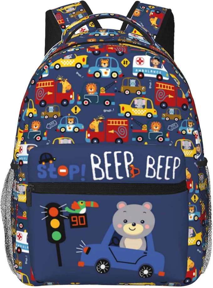 Cartoon Car Animal Backpack For Kids School Boys Girls, Bear & Traffic Light Design, Lightweight Waterproof Ergonomic Backpack For Age 3-5 5-7 7-9 9-12 School Book Bag Daypack Outdoor Play