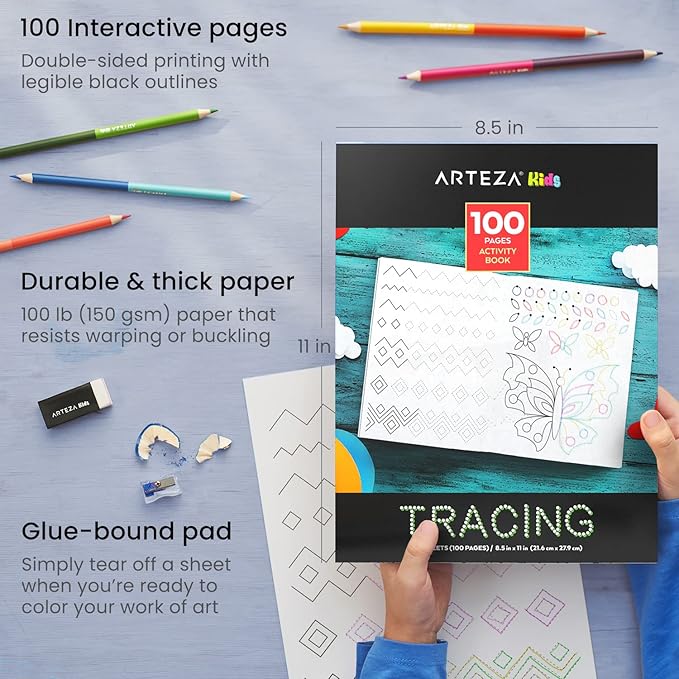 ARTEZA Kids Tracing Activity Book – 50 Double-Sided Sheets, Colored Pencils, Marker, Eraser & Sharpener – Art Kit for Ages 6 and Up
