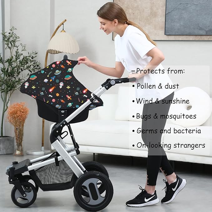 Carseat Covers Unisex - Black Creative Spacecraft Pattern Car Seat Canopy Cover for Babies, Multi-use Breastfeeding Cover, Baby Shower Gifts for Boy and Girls