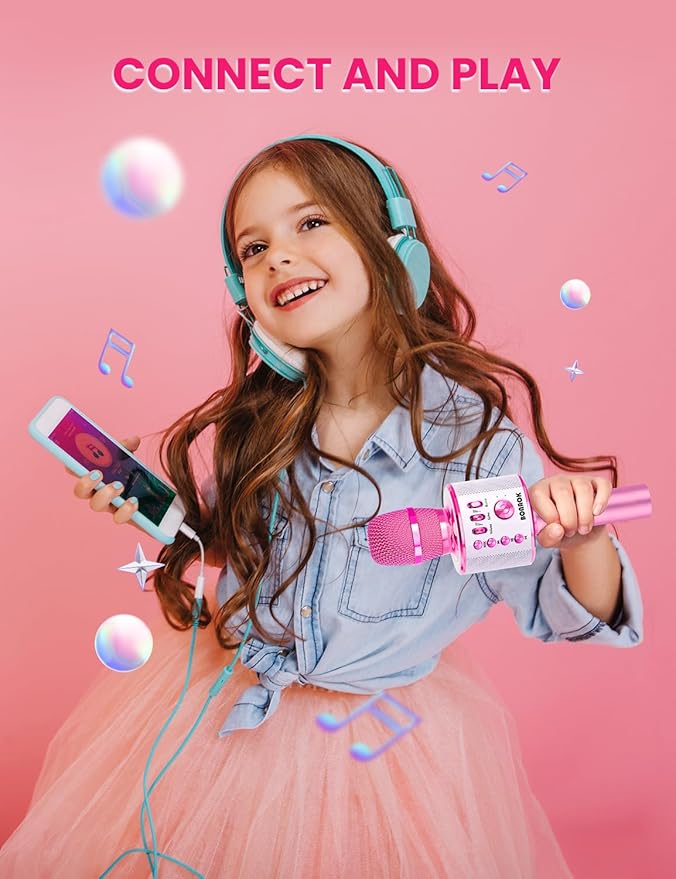 BONAOK Kids Karaoke Microphone, Wireless Bluetooth Microphone for Singing, Gift for Kids, Adults, Girls, Boys, Christmas Kids Toys Gifts for Ages 3, 4, 5, 6, 7, 8+ Years Old (Light Pinkcolor)