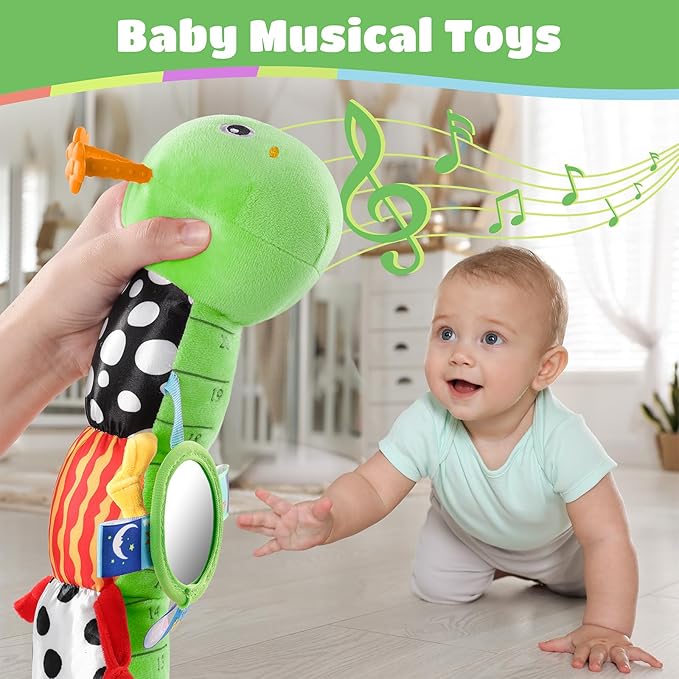Baby Toys 6-12 Months Music Caterpillar Infant Toys Stuffed Animals 0-3-6 Months Tummy Time Teething Sensory Toys with Mirror Rattle&Pull String for Boys Girls Birthday Gifts|Green,Knot Limb
