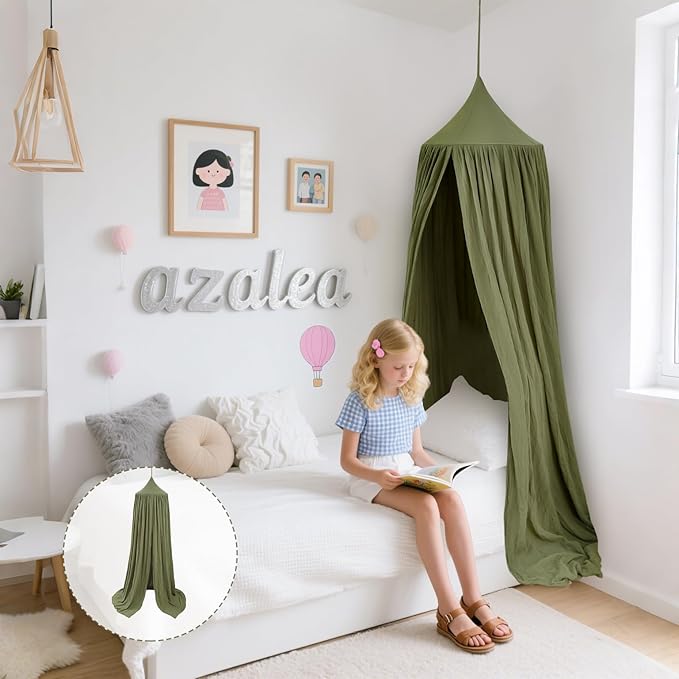 Cotton Kids Bed Canopy, Nursery Room Baby Crib Hanging Curtain Mosquito Net Hideaway Bedding Children Reading Nook Decoration, Pastel Neutral Color for Boys & Girls (Small Green)