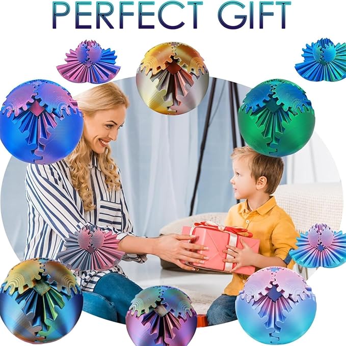 Gear Ball, 4.2in 3D Printed Gear Ball Spin Ball Cube Fidget Toys, Gear Sphere, Gear Ball Fidget Toy, Stress Ball, GearSphere Desk Toy, Fidget Balls, Gear Toy for Anxiety Relaxing (Laser Green Blue)