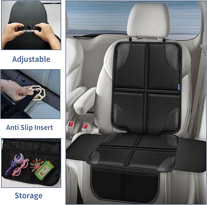 Car Seat Protector, Child Carseat Covers, Protector Car Seat for Baby with Thickest Padded and Non-Slip Waterproof Backing Mesh Pockets for Kids Pets-1 Pack