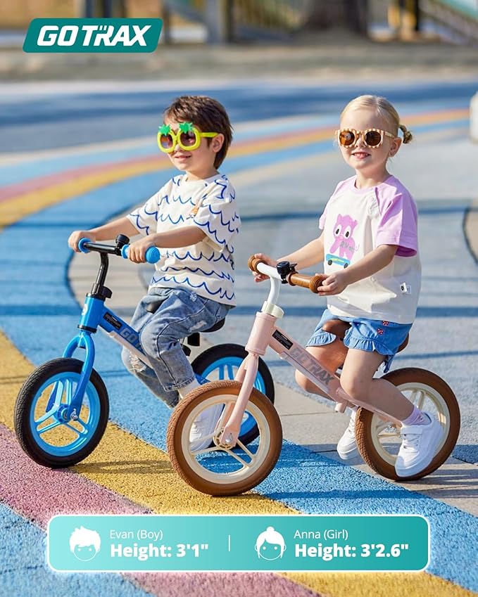 Gotrax KS12 Balance Bike for 2-5 Years Old, 12" Toddlers Bike with LED Light&Bell, Adjustable Soft Seat&Handlebar, Flat-Free Tires&Easy Assembly, Lightweight&No Pedal, Kids Toy Gift for Boys Girls