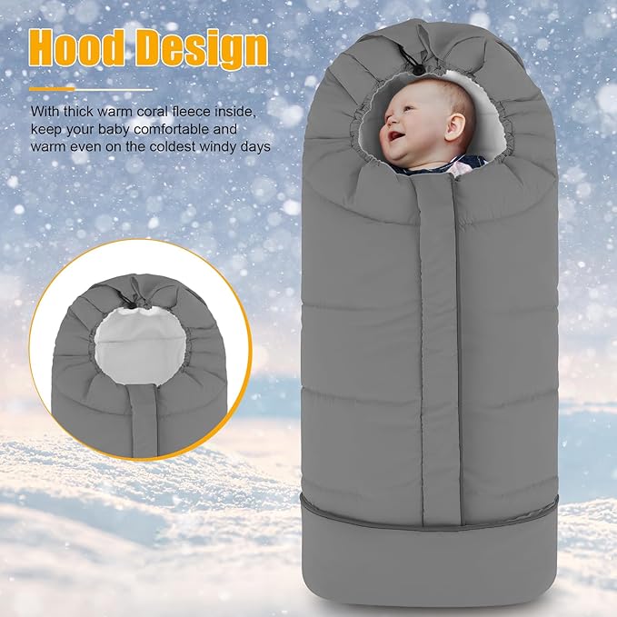 Yoofoss Stroller Cover for Winter, Toddler Stroller Footmuff Universal for Most Stroller, Water Resistant Warm Coral Baby Stroller Bunting Sleeping Bag Light Grey