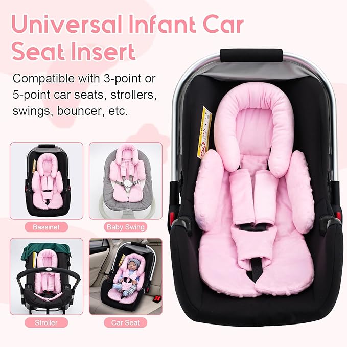 Infant Car Seat Insert with 3 Shoulder & Crocth Covers, Thickened Carseat Head and Body Support for Infant, Reversible Baby Car Seat Cushion for Boys Girls, Soft Mink Dot Newborn Insert for Preemie