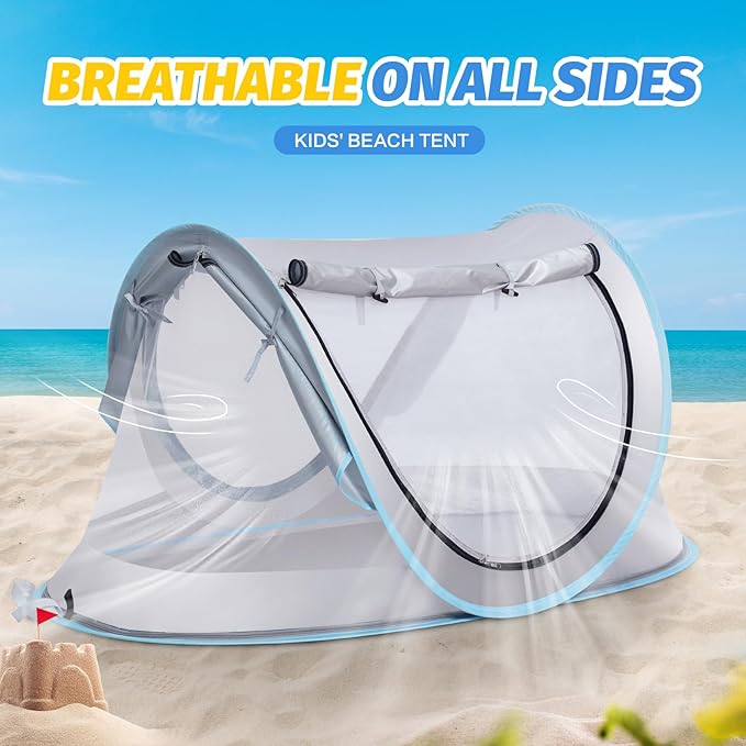 Baby Beach Tent with Baby Hat, Pop Up Toddler Travel Bed with Sun Hat for Boys or Girls, Sun Shade for Toddler Camping, Infant Portable Sun Shade, Summer Beach Baby