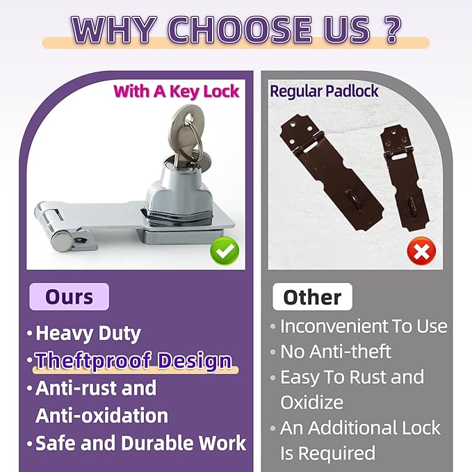 Alise Keyed Hasp Lock,3 Inch Safety Packlock Clasp Hasp Lock Latch with Lock,Door Hinge Lock with Keys Keyed Locking Hasp for Cabinets Closets Doors,Chrome