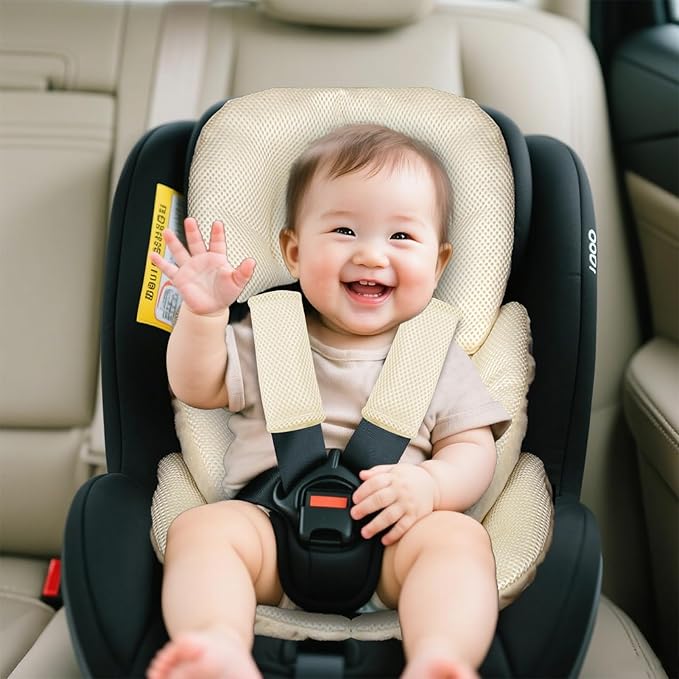 Infant Car Seat Insert for Newborn Girls Boys, Summer Mesh Baby Carseat Head Support with Strap Pads, Soft Reversible Baby Car Seat Insert Cushion Pad for Car Seat, Stroller, Bouncer, Swing, Beige