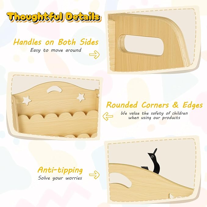 3-Tier Montessori Wooden Bookshelf for Kids, Toddler Book Rack Toy Organizer and Storage, Small Book Display Stand for Baby, Bookshelves Furniture for Classroom, Nursery, Playroom, Library