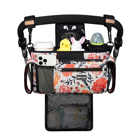 TOPDesign Universal Baby Stroller Organizer, Stroller Caddy with Detachable Mesh Bag & Heightened Insulated Cup Holders & Non-Slip Secure Hooks Accessories, Fits Most Strollers (Trumpet Vine)